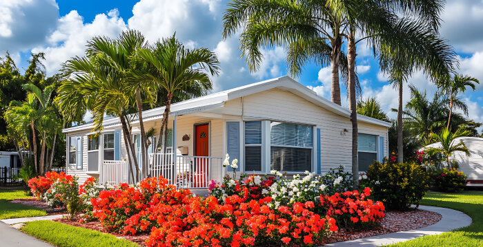 Home with bright red flowers and surrounded by palm trees
