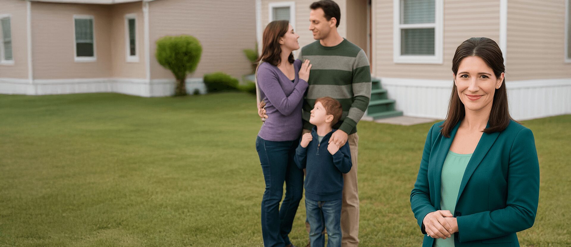 Seller standing in front of a family and their home